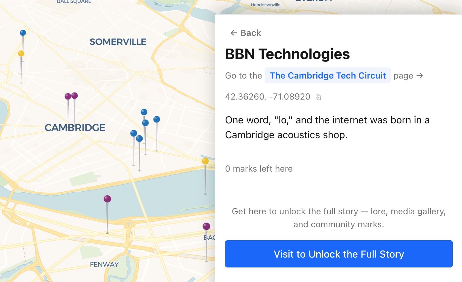Heddlepin pin detail — arrival-unlock teaser over a Boston map